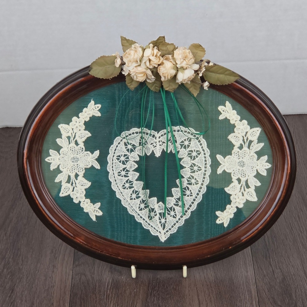 Framed Handmade Lace Heart Oval Dried Flowers Wall Art Gift for Her Vintage